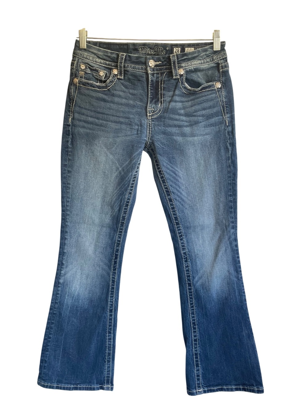 Miss Me Mid Rise Easy Boot Jeans Blinged Out Pockets Size 28